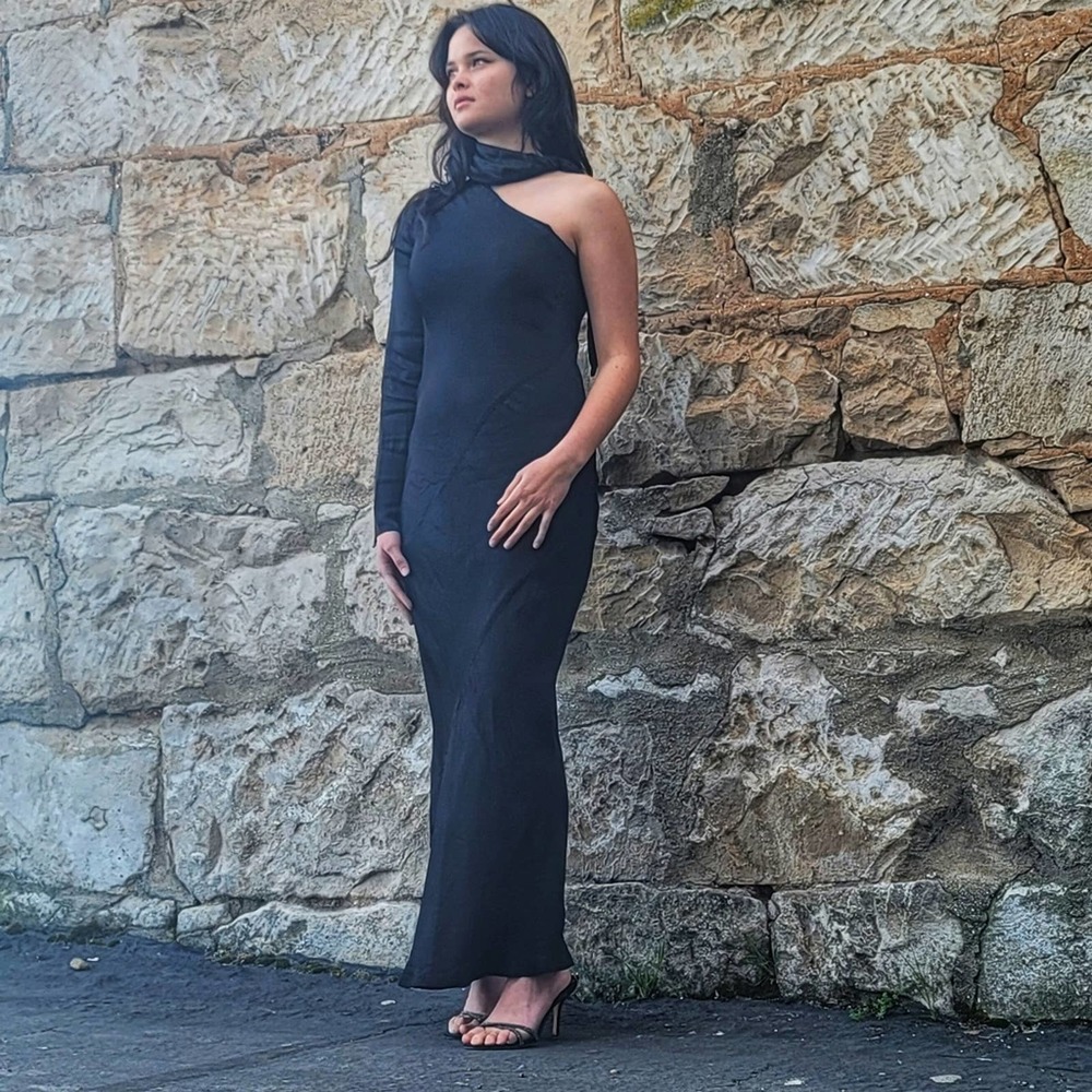 Young fabulous and broke NWT Febe Black One Shoulder Satin Maxi Dress SZ Small